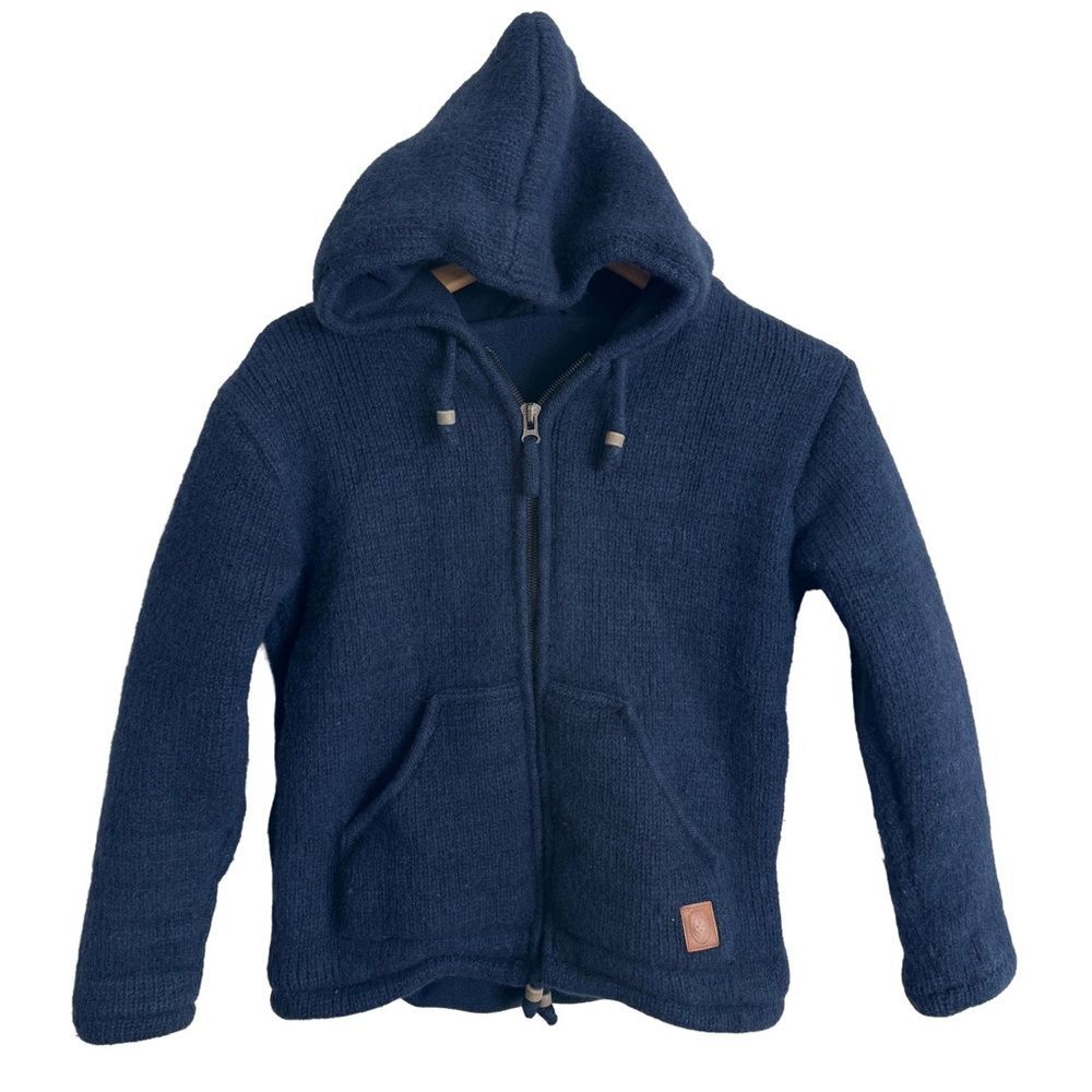 Navy Blue wool Hooded Zip-Up Jacket
